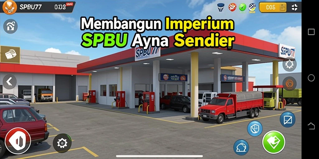 Screenshot gameplay SPBU77 yang menampilkan stasiun pengisian bahan bakar yang ramai.